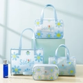 Light blue daisy print PVC makeup bag set with transparent finish and four pieces - Blue Daisy (4-Piece Set)
