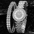 Detailed macro view of the silver luxury watch and two matching rhinestone bracelets set - Silver Watch And Bracelet Set (No Box)