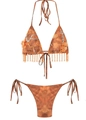 Burnt orange tie-dye two-piece bikini set with floral appliques and beaded fringe - Bikini 2-Piece Set