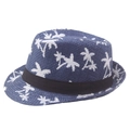 Blue straw fedora hat featuring white tropical coconut tree patterns and a black band - 58cm / Navy Blue