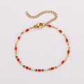 Bohemian gold stainless steel chain bracelet with red enamel oval beads and lobster clasp - Gold + Red Enamel