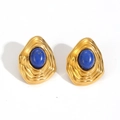 Detailed close-up of vintage irregular gold earrings with lapis blue stones - Gold Vintage Lapis Lazuli Style (TE60498-BL)