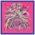 Silk satin 130cm square scarf with rose pink feather crown print and navy border - Rose Red
