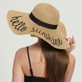 French style sun hat in wood color with black ribbon and hello sunshine embroidery - One Size / Khaki
