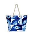 Detail of canvas beach tote with evil eye pattern and white cotton rope handles - Dark Blue Geometric Eye Style (jaiyingstb9)