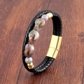Bracciale a doppio strato in pelle nera intrecciata con chiusura magnetica dorata e pietre naturali - Oro-1 (Pietra naturale multicolore)