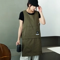 Green canvas work apron set with front pocket and barista text for kitchen use - Two-way Workwear Apron / Dark Green