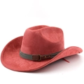 Close-up of red suede western cowboy hat with grey woven band and leather buckle detail - M (56-58cm) / Brick Red