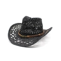 Handwoven black hollow straw cowboy hat with a brown leather band and skull accent - M(56-58cm) / Black