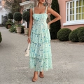 Floral print sleeveless chiffon maxi dress with layered ruffles in light green and blue - L / White Green Palm