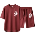 Men's summer sport set in burgundy with lion crown print t-shirt and drawstring shorts - M / Burgundy
