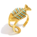 Adjustable 18K gold plated stainless steel fishbone ring with blue enamel detail - Drip Oil Fishbone Open Ring - Gold