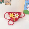 Kids woven crossbody bag featuring red pink stripes and smiley daisy floral accents - Style 1 Red