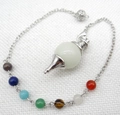 Translucent milky quartz pendulum with seven chakra stones and silver metal accents - White Crystal