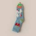 Blue mink velvet socks with cherry patterns, diamond knit, and a white ribbon bow detail - One Size / Classic Blue