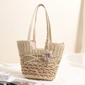 Bolso capazo grande de paja calado con colgante de flores para vacaciones de playa - Bolso calado con flor / Beige