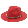 Close-up of red Panama straw hat featuring colorful bead accents and a rustic hemp rope band - One Size / Red
