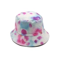 Detailed view of tie-dye bucket hat featuring reinforced stitching and colorful dots - One Size / 05 White Pink Purple Dots