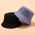 Close-up of double-sided solid color bucket hats with detailed stitching on brim - M (56-58cm) / Black & Fog Blue