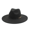 Classic black wool fedora hat with wide brim and elegant gold chain leather band - M (56-58cm) / Black
