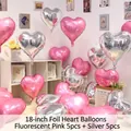 18 inch heart foil balloons in neon pink and metallic silver for party decoration - 18 Inch Heart Pink + Silver (10PCS)