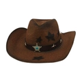Classic brown western cowboy straw hat with black star patterns and turquoise metal buckle - Coffee with Wind Rope (Blue Star)