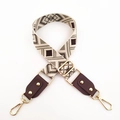 Detail of adjustable geometric canvas shoulder strap with leather ends and gold hooks - Style 7 Coffee (#7+Coffee)
