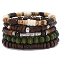 Detail view of five multilayered handmade wooden beaded bracelets with coconut shells - Shell Bone Bead 5pcs Set (55)