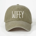 Detail of WIFEY embroidery on olive green washed cotton baseball cap with curved brim - Dark Khaki