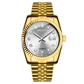 Detailed close-up of gold quartz watch with diamond markers and date window - Large Gold Silver Dial