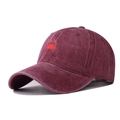 Close-up of wine red washed cotton baseball cap featuring embroidered crab on front - Adjustable / Burgundy