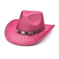 Roze glitter western cowboyhoed met bruine leren band en turquoise stenen accent - M (56-58cm) / Rozerood