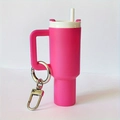 Pink silicone mini cup keychain with white straw and metal hook for backpack - Rose Red