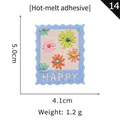 Blue rectangular floral embroidery patch with Happy text and iron-on heat adhesive - Hot Melt Blue HAPPY Patch
