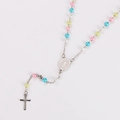 French style colorful pearl rosary necklace with silver cross and religious medal - Steel Mixed Color 3