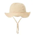 Detail of baby cotton sun hat featuring scalloped brim and adjustable chin strap - Light Beige