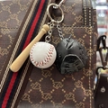 Detailed view of mini wooden baseball bat, white ball, and black leather glove keychain - 3.5CM White Ball Black