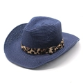 Detail of dark blue woven cowboy hat featuring leopard print ribbon and side bow accent - M (56-58cm) / Navy Blue