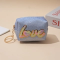 Light blue sequin mini wallet with LOVE embroidery and gold keychain attachment - Blue