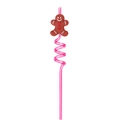 Pink spiral straw with a brown silicone gingerbread man topper for Christmas party - Happy Gingerbread / Pink