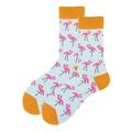 Hellblaue Crew-Socken mit rosa Flamingomuster und oranger Ferse für Damen und Herren - 38-46 / Hellblau Flamingo