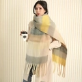 Thick mohair scarf with yellow and grey plaid pattern and tassels for winter warmth - Beige Grey Yellow Plaid