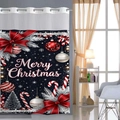 Detail of metal ring top headers on a festive Christmas shower curtain with red bow motifs - No-Hook Large Ring / Black Merry Christmas