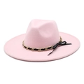 Close-up of pink wool fedora hat featuring a gold chain band and elegant black ribbon bow - M (56-58cm) / Pink