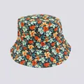 Detailed view of floral bucket hat featuring vintage orange and blue digital flower prints - M (56-58cm) / Orange Light Green Navy Floral (26#)