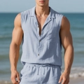 Men's light blue sleeveless linen summer shirt and shorts set for beach vacation - S / Light Blue