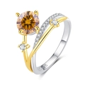 S925 silver ring with champagne moissanite stone and two-tone cross band design - HK Size 9 / Champagne Gold Moissanite