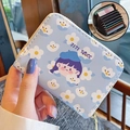 Light blue faux leather card holder with cartoon girl print and multi-slot interior - Blue Hat Girl (9 Slots + 2 Coin Slots)