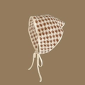Brown and white checkerboard knit headscarf with handmade crochet lace-up design - Brown and White Checkerboard