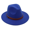 Detail of blue fedora hat with brown leather strap and decorative silver metal buckle - Sapphire Blue